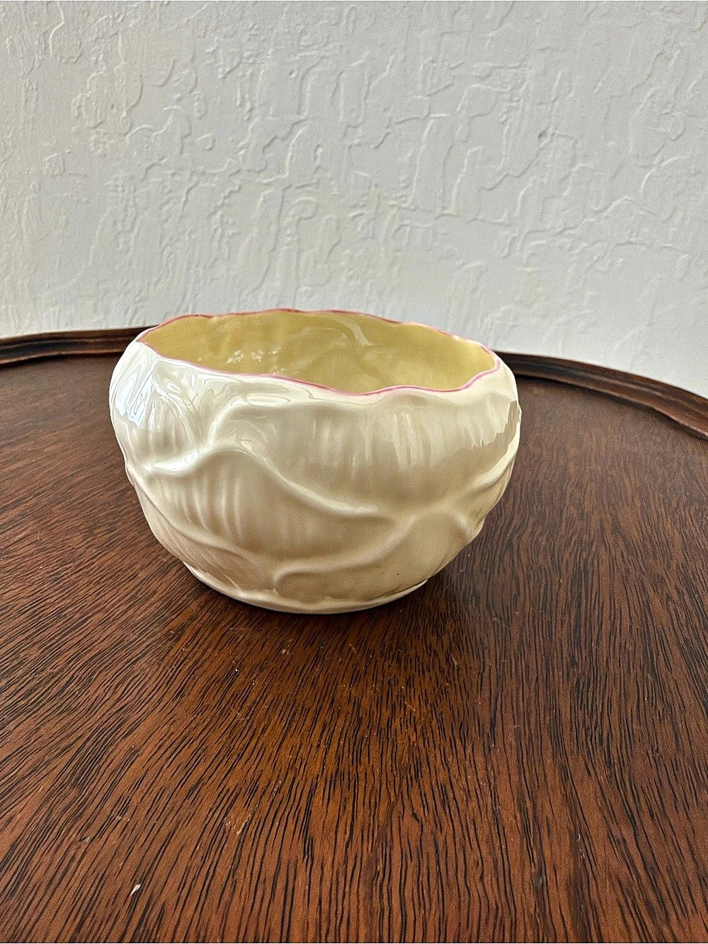 Belleek Cabbage Leaf Bowl in Cream & Pink